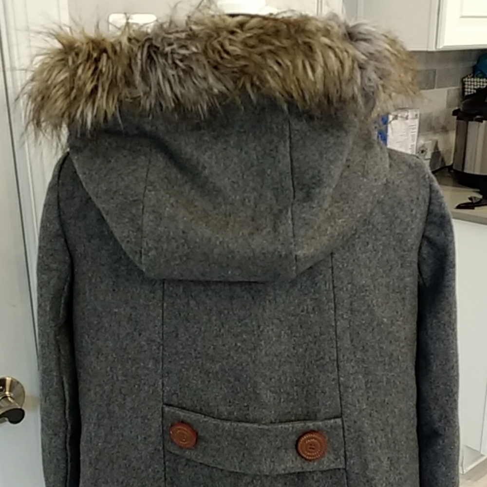 Anthropologie Gray Toggle Coat with Faux Fur Trim - Picture 7 of 9